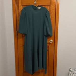 Emerald Green Midi Dress with Puff Sleeves